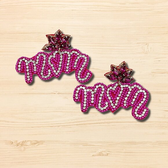 Gorgeous Fuchsia Pink Rhinestone Seed Beaded Mother's Day Mom Gift Earrings NEW - Picture 3 of 6